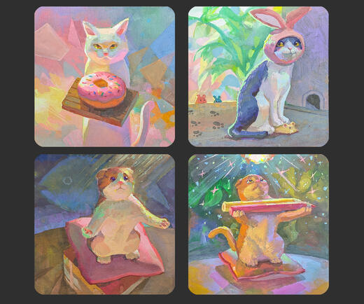 Cat Gouache Coaster Paintings Cat Gouache Coaster Paintings